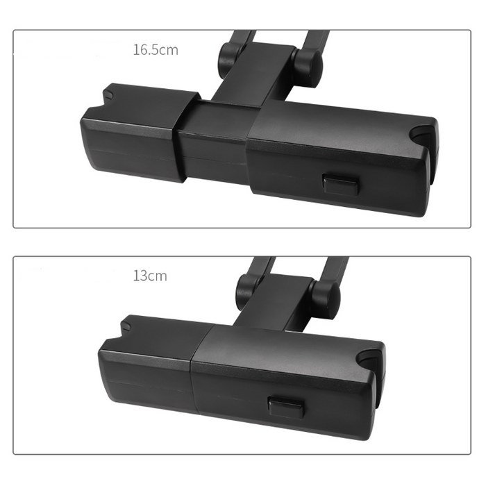Car headrest tablet holder with folding extension arm for back-seat passengers