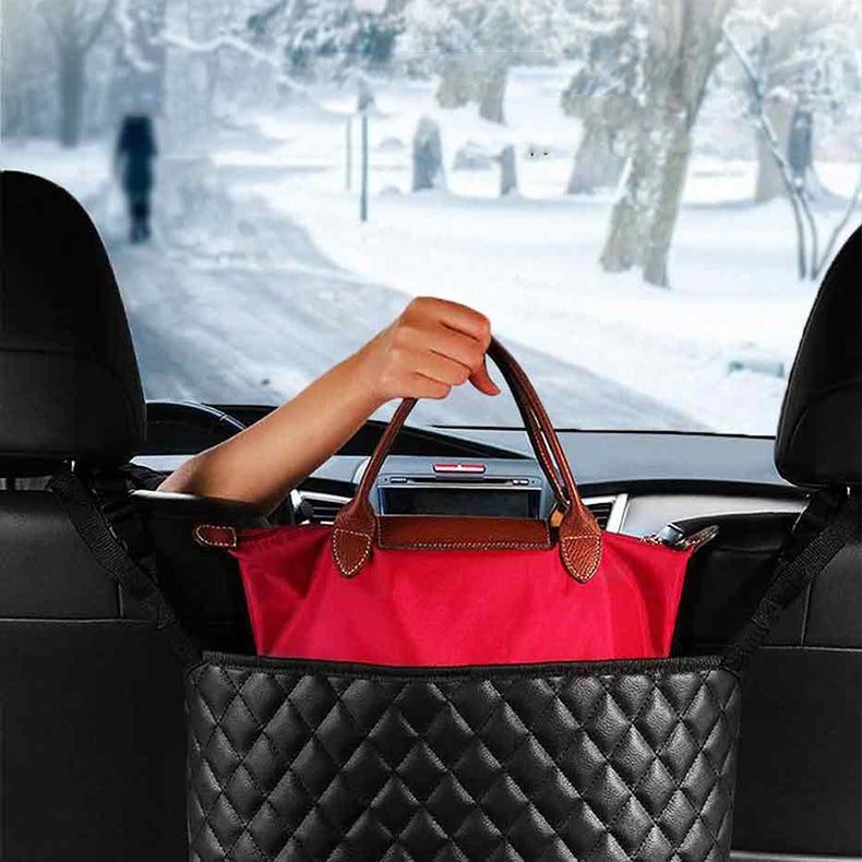 Car seat handbag holder between front seats