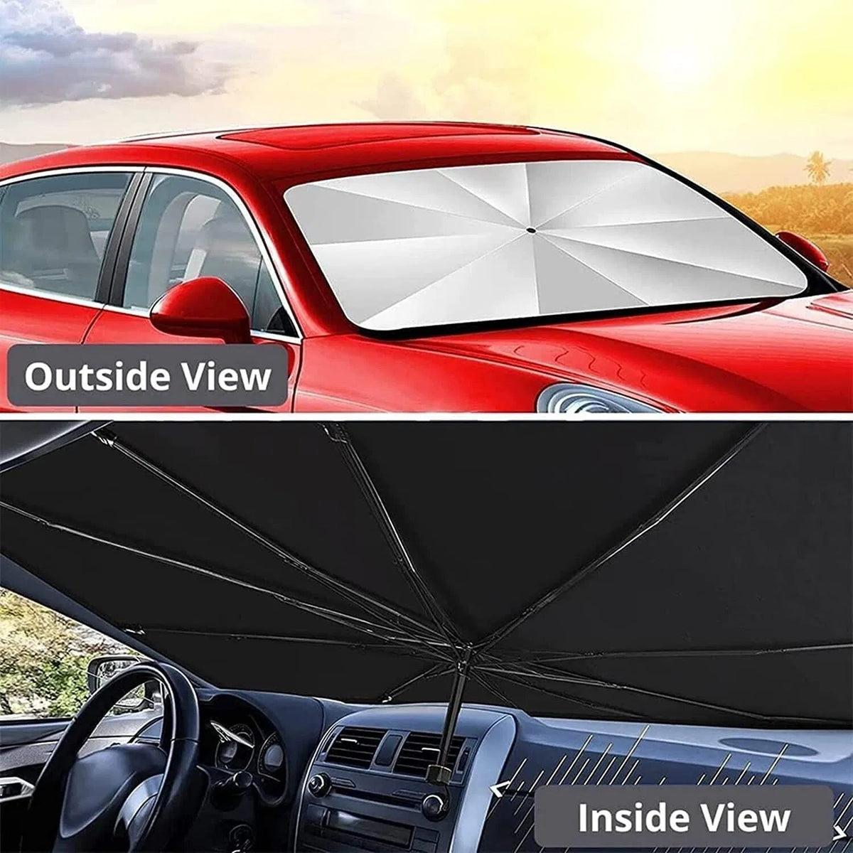 Umbrella windshield sun shade inside and outside a car