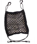 Black elastic mesh storage net hooked between car front seats