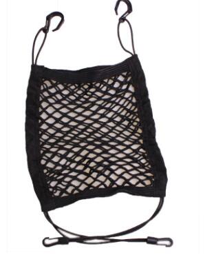 Black elastic mesh storage net hooked between car front seats