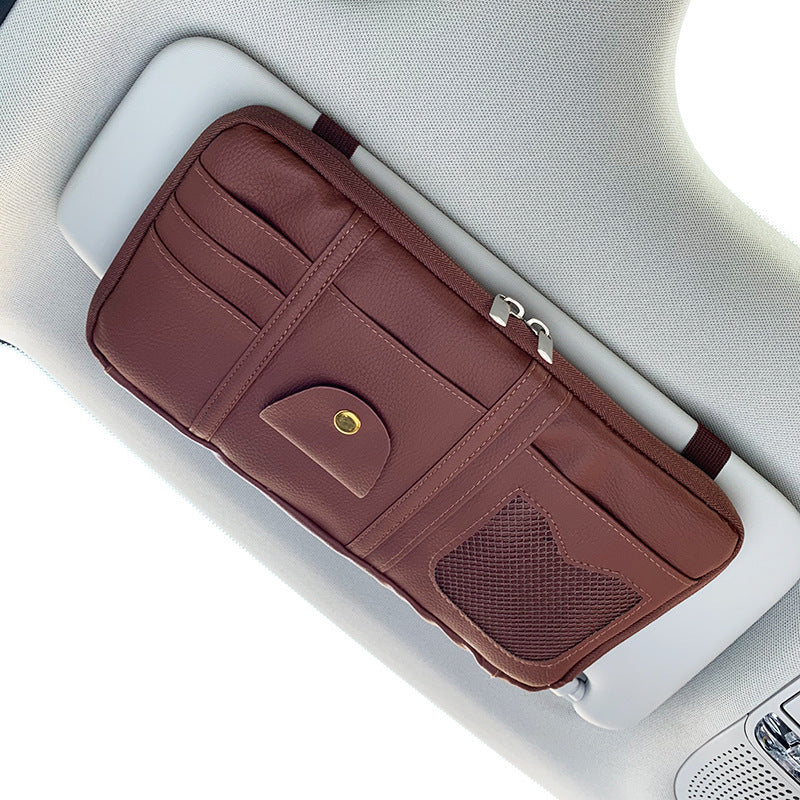 Leather car sun visor organizer - Brown / Double zipper