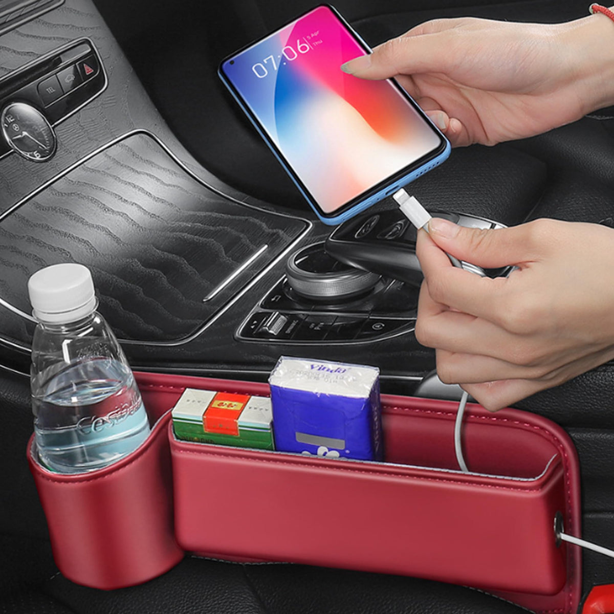 Leather car seat gap filler organizer