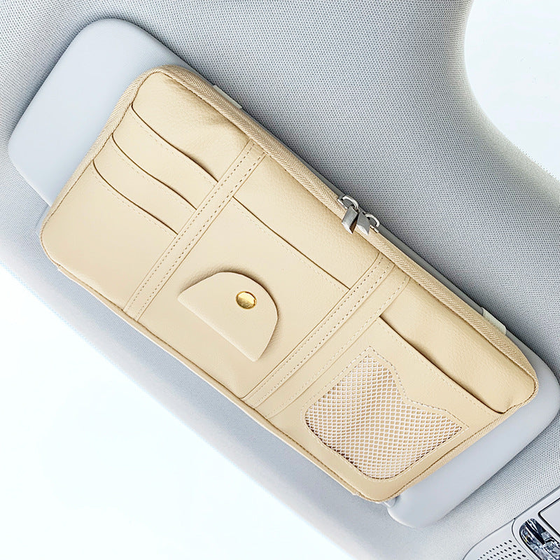 Leather car sun visor organizer - Off white / Double zipper