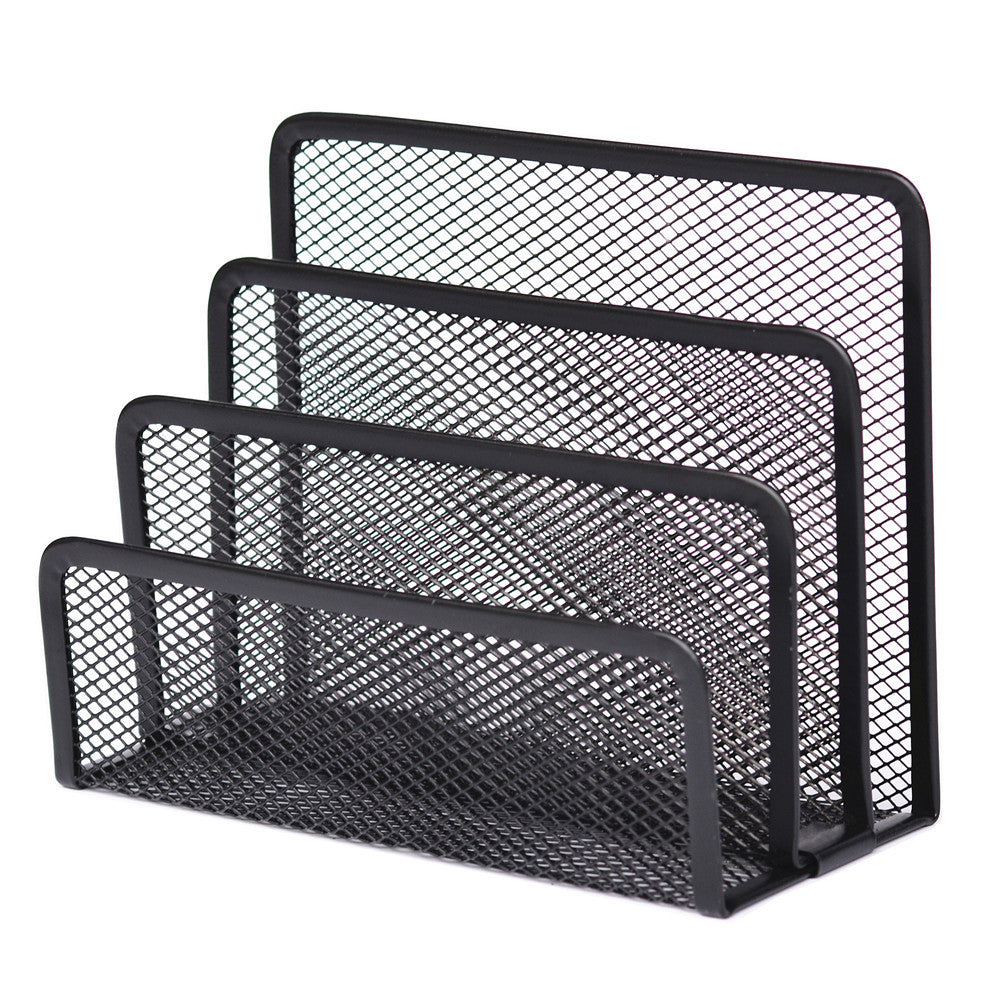 Black metal mesh desk file organizer with three slots - view 3