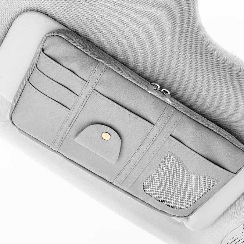 Leather car sun visor organizer - Grey / Double zipper