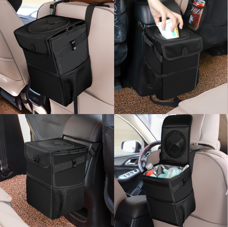 Hanging car trash can with lid