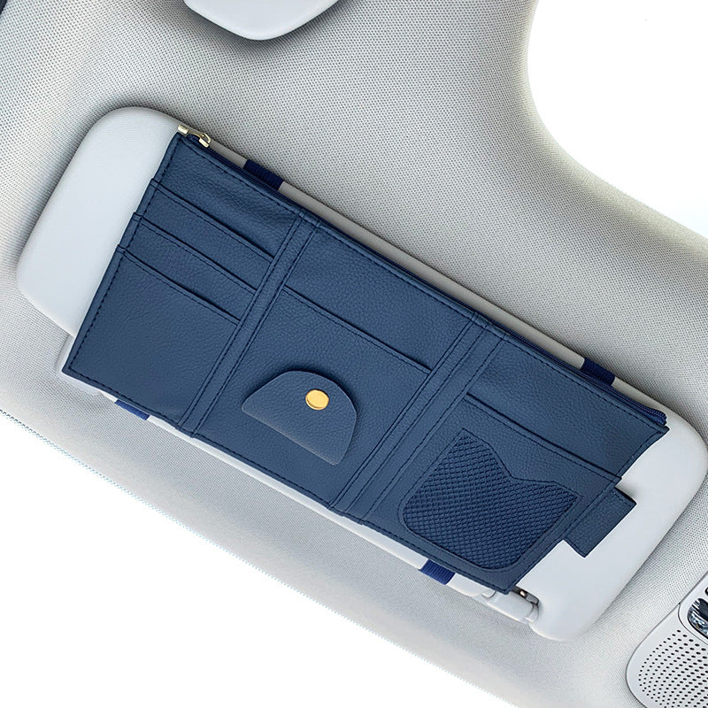 Leather car sun visor organizer - Navy / Single zipper