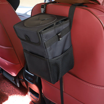 Hanging car trash can with lid