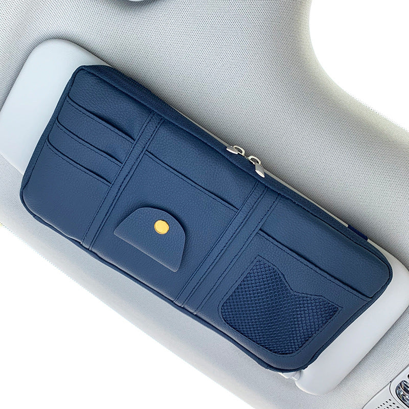 Leather car sun visor organizer - Navy / Double zipper