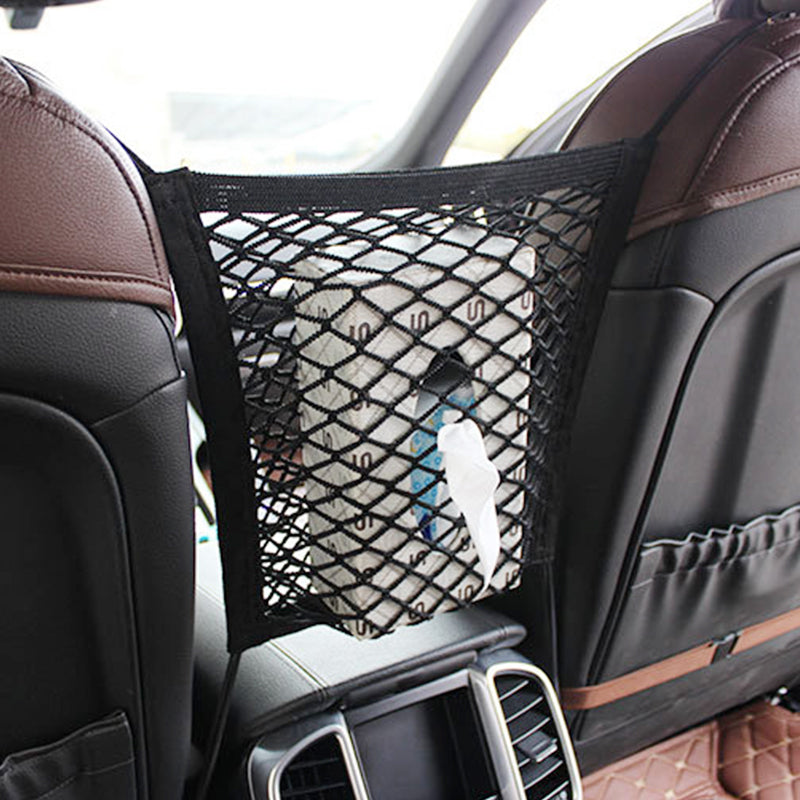 Black elastic mesh storage net hooked between car front seats - view 3