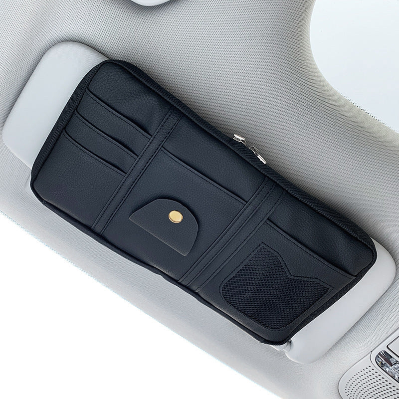 Leather car sun visor organizer - Black / Double zipper
