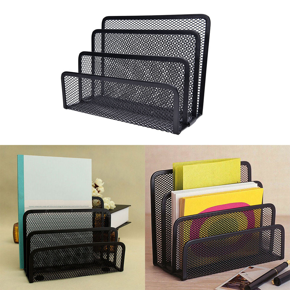 Black metal mesh desk file organizer with three slots - view 4