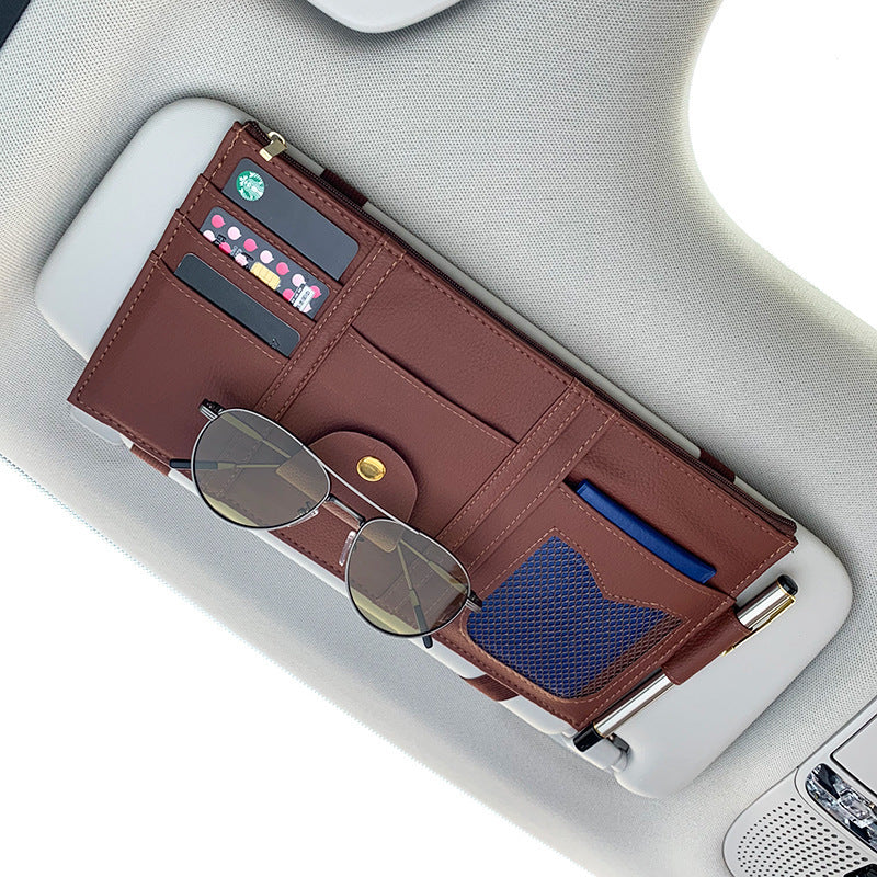 Leather car sun visor organizer - Brown / Single zipper