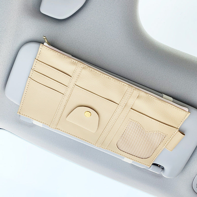 Leather car sun visor organizer - Off white / Single zipper