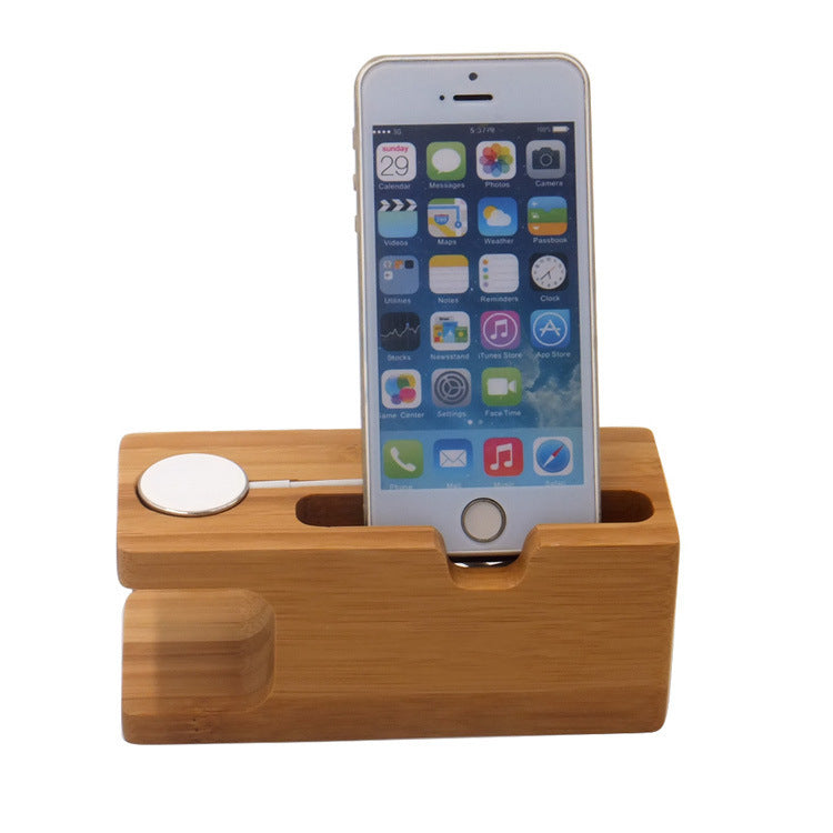 Bamboo phone and watch stand with phone slot and watch charger cutout - view 5