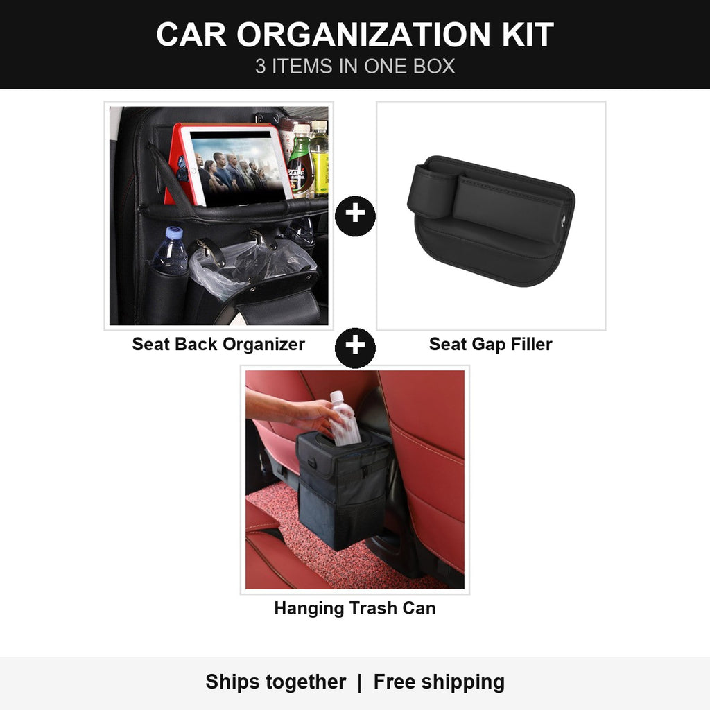 Car Organization Kit: seat back organizer, seat gap filler and hanging trash can in one box