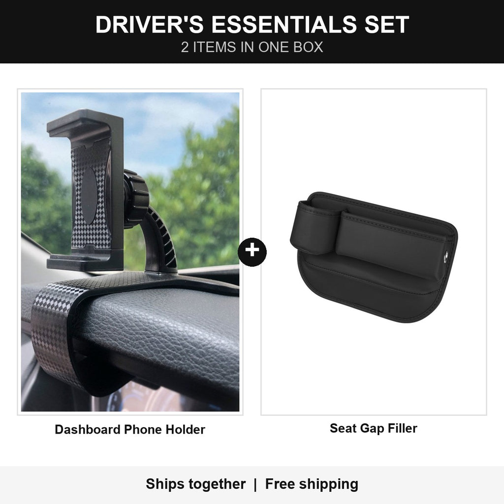 Driver's Essentials Set: dashboard phone holder and seat gap filler in one box