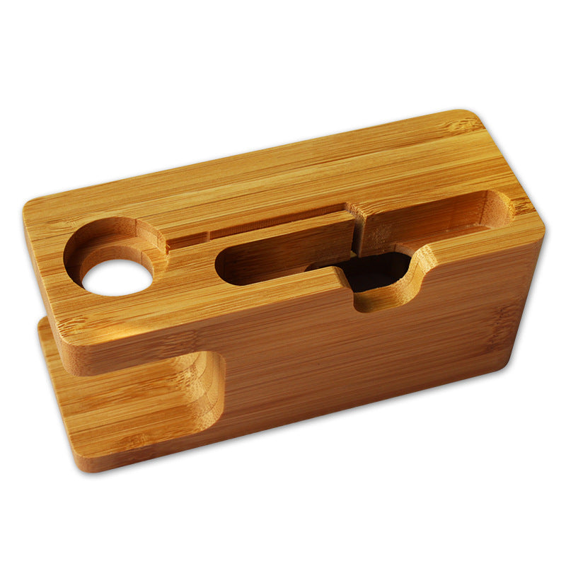 Bamboo phone and watch stand with phone slot and watch charger cutout - view 2