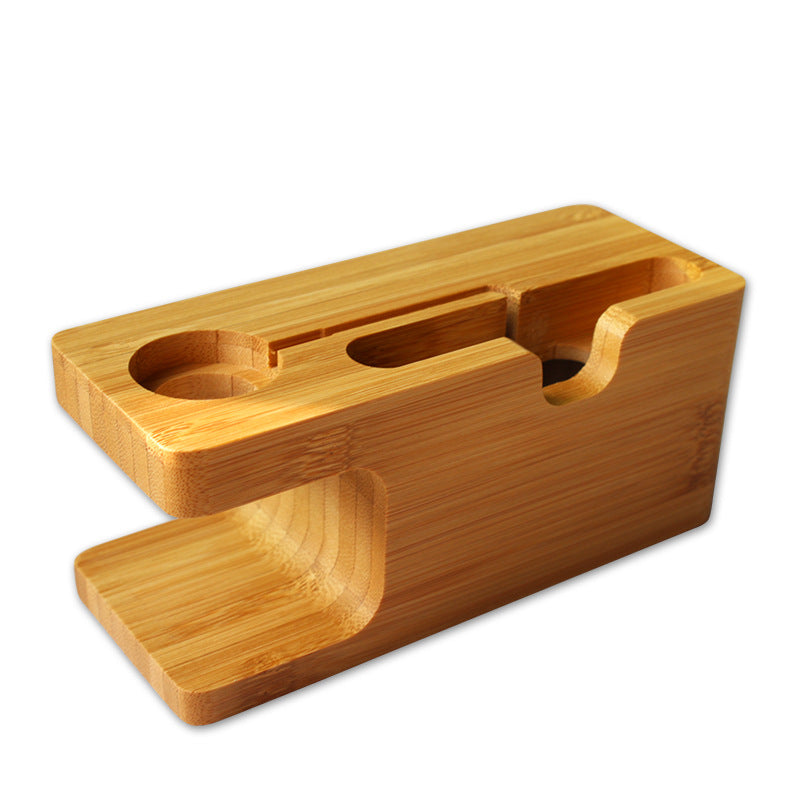 Bamboo phone and watch stand with phone slot and watch charger cutout - view 3