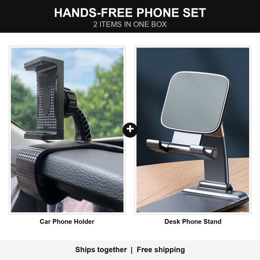 Hands-Free Phone Set: car phone holder and desk phone stand in one box