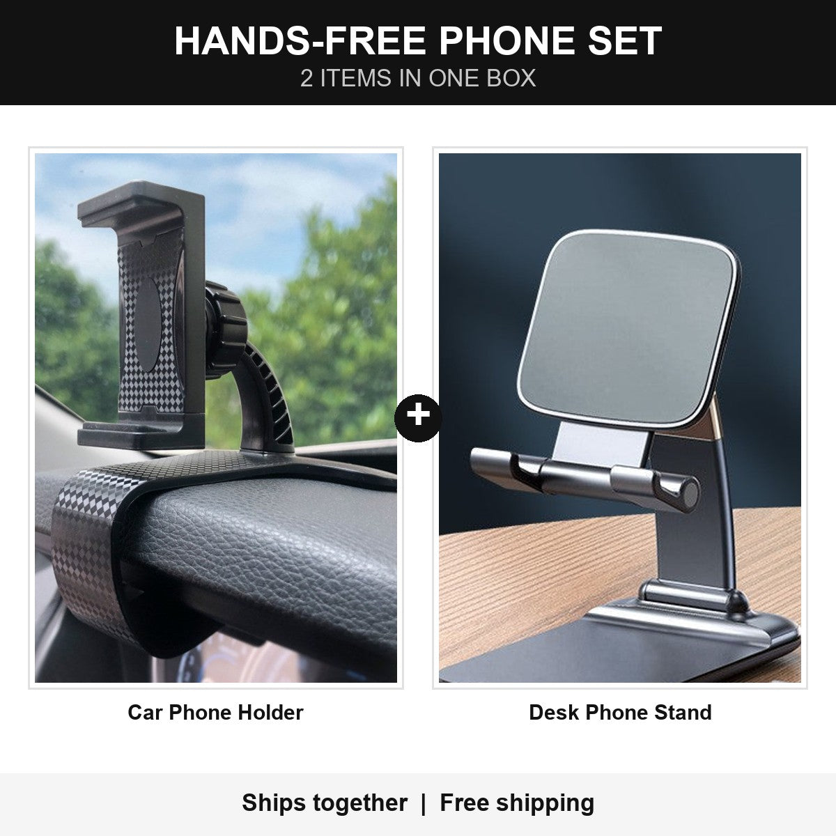 Hands-Free Phone Set: car phone holder and desk phone stand in one box